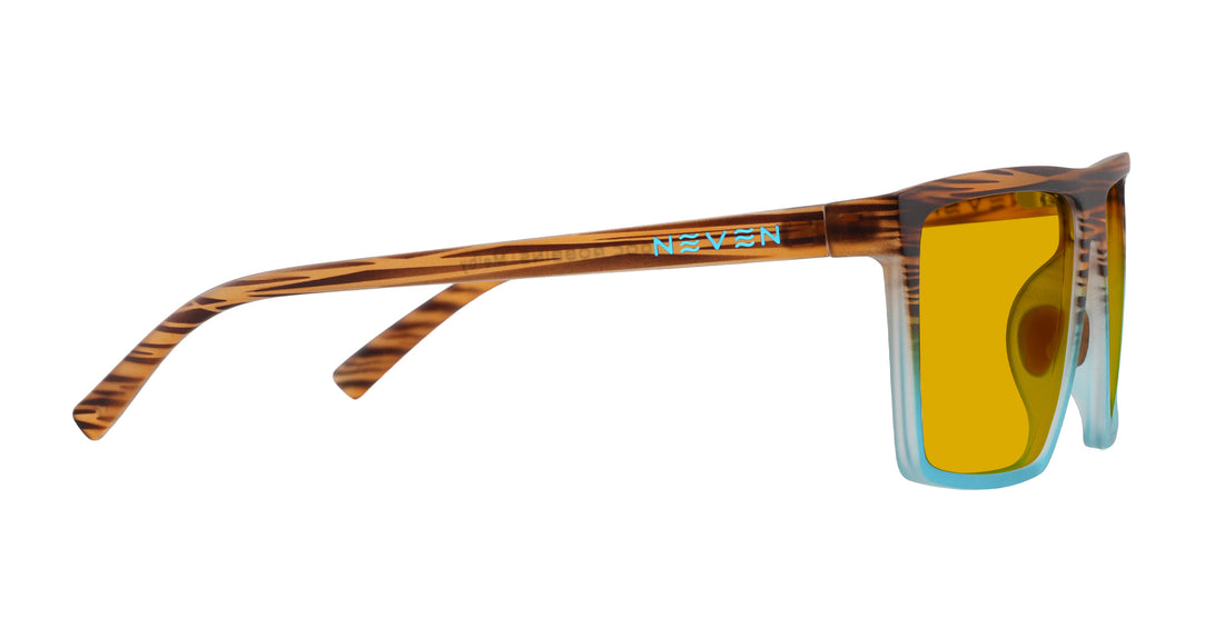Side view of Melby prescription sunglasses showcasing tortoiseshell temple with blue NEVEN logo and yellow lenses on white