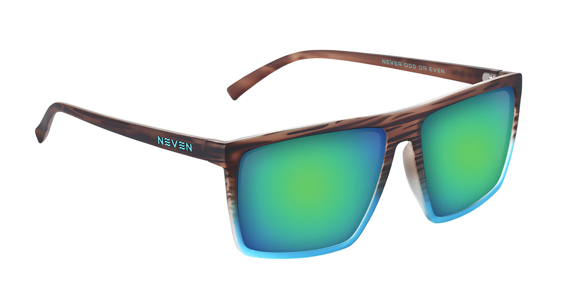 Right-front close-up of Melby prescription sunglasses showing tortoiseshell frame and green-blue mirrored lenses on white background