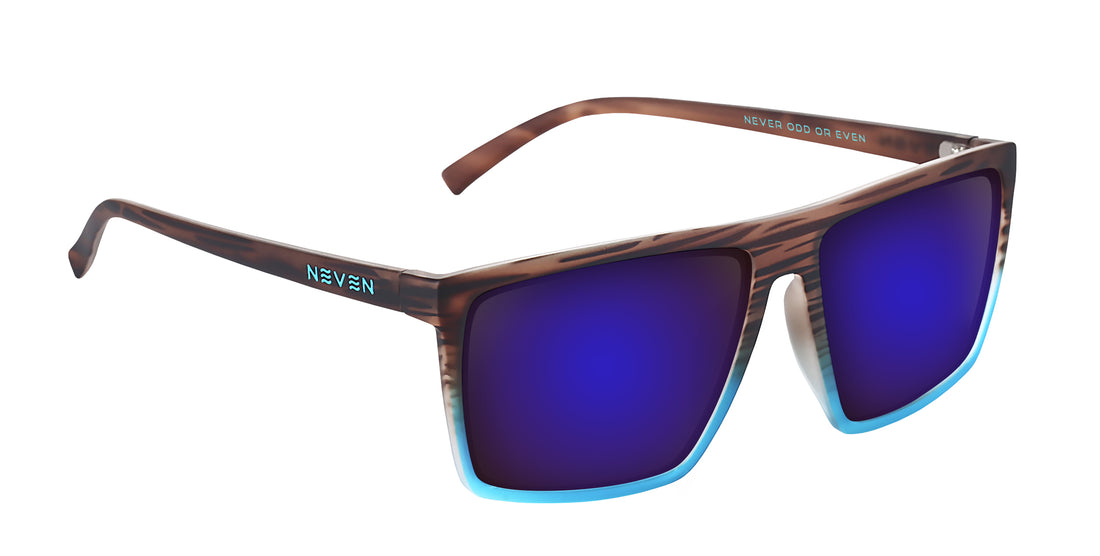 Three-quarter close-up of Melby prescription sunglasses with tortoiseshell frame, blue-purple mirrored lenses and Neven logo
