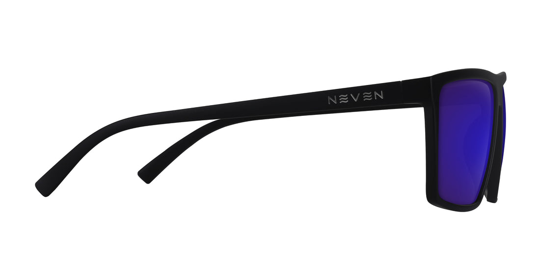 Side close-up of NYC prescription sunglasses showcasing black gloss frame, Neven logo on temple and purple mirrored lens on white background