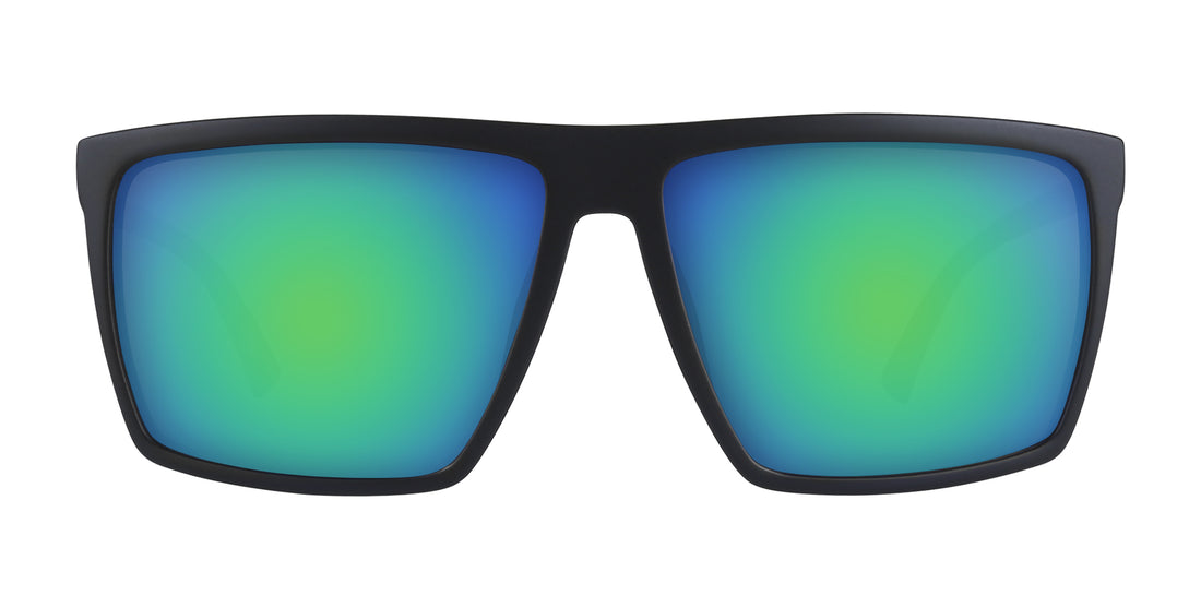 Front view of Norton prescription sunglasses showcasing black rectangular frame and blue-green lenses on white background