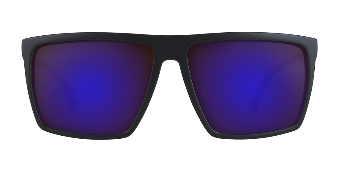 Front view of Norton prescription sunglasses showcasing purple lenses and black rectangular frame on white background