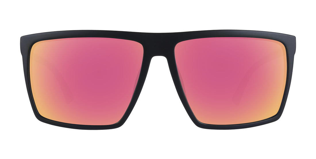 Front view of Norton prescription sunglasses showcasing a black rectangular frame and rose-pink lenses on a white background