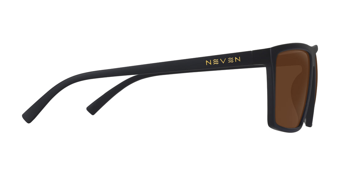 Side view of Norton prescription sunglasses showcasing brown lenses and black rectangular frames on a white background