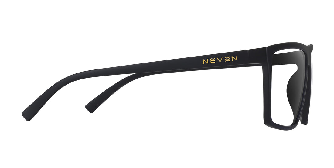 Side view of Norton prescription sunglasses showcasing matte black rectangular frames and gold NEVEN temple logo on white background
