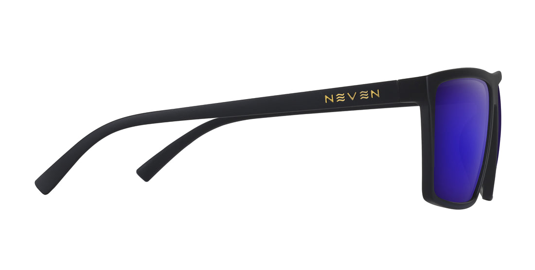 Side view of Norton prescription sunglasses showcasing purple lenses and black rectangular frame with white background