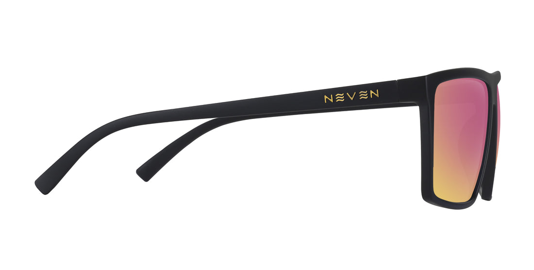 Side view of Norton prescription sunglasses showcasing a black rectangular frame and rose-pink gradient lenses with a white background
