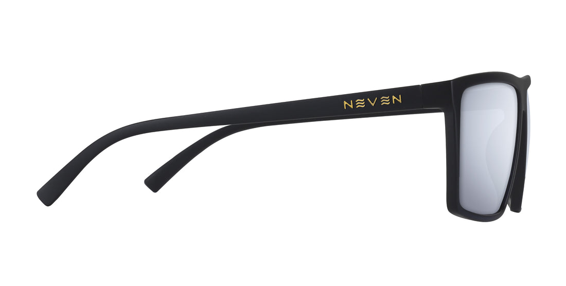 Angled view of Norton prescription sunglasses showcasing black rectangular frames and silver lenses with a white background