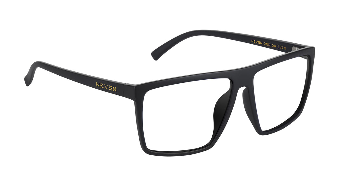 Three-quarter view of Norton prescription glasses showcasing a black rectangular frame and clear lenses on a white background