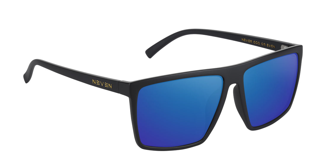 Three-quarter view of Norton prescription sunglasses showcasing black rectangular frame and blue lenses on white background