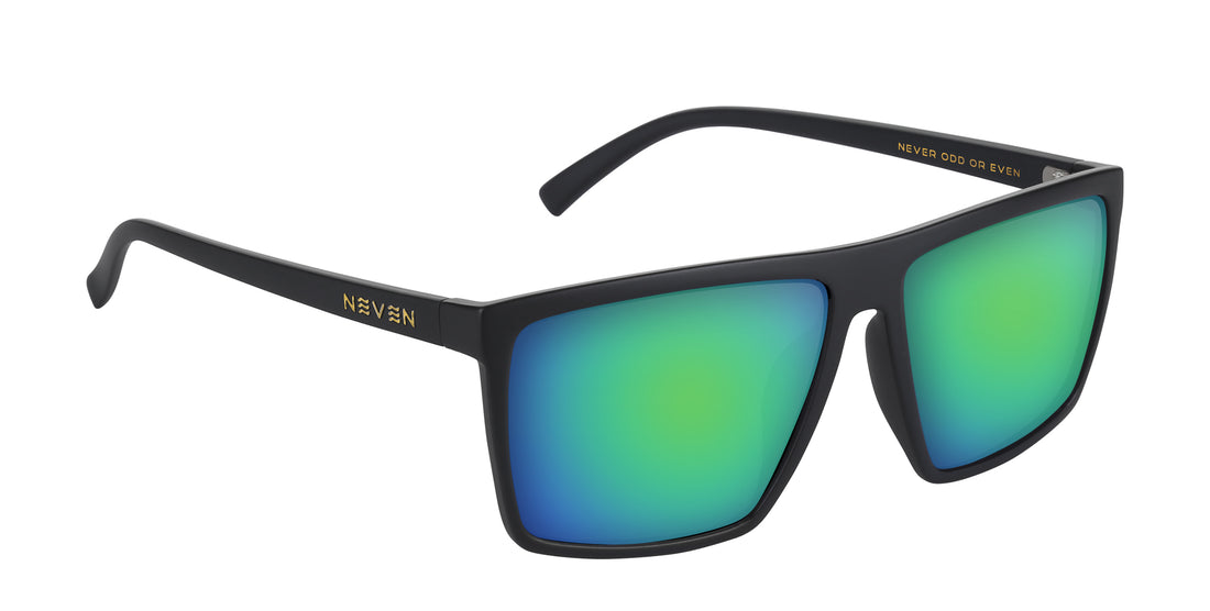 Three-quarter view of Norton prescription sunglasses showcasing a black rectangular frame and vibrant green lenses on a white background