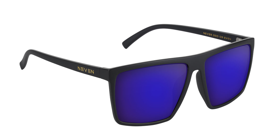 Angled view of Norton prescription sunglasses showcasing a black rectangular frame and purple lenses on white background