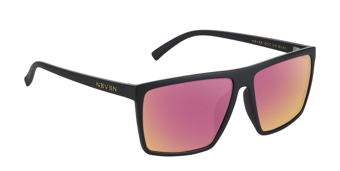 Three-quarter view of Norton prescription sunglasses showcasing a black rectangular frame and rose-pink gradient lenses on white