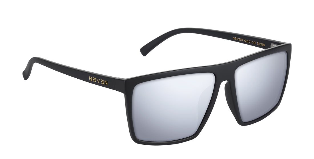 Angled view of Norton prescription sunglasses showcasing a black rectangular frame and silver lenses on a white background