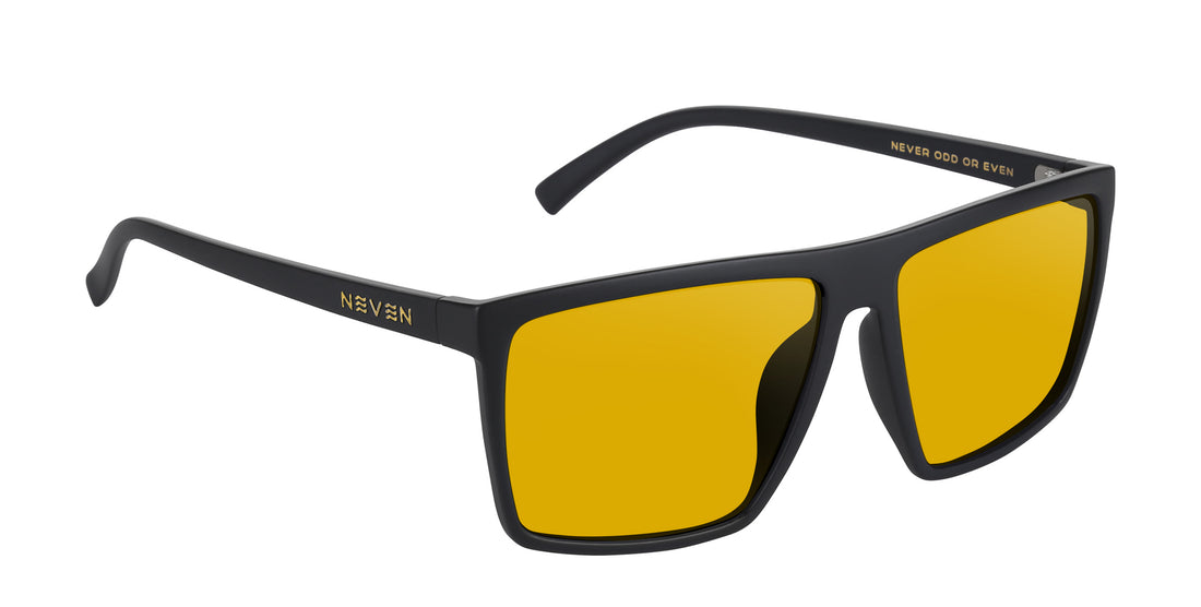 Three-quarter view of Norton prescription sunglasses showcasing black rectangular frame and yellow lenses on white background