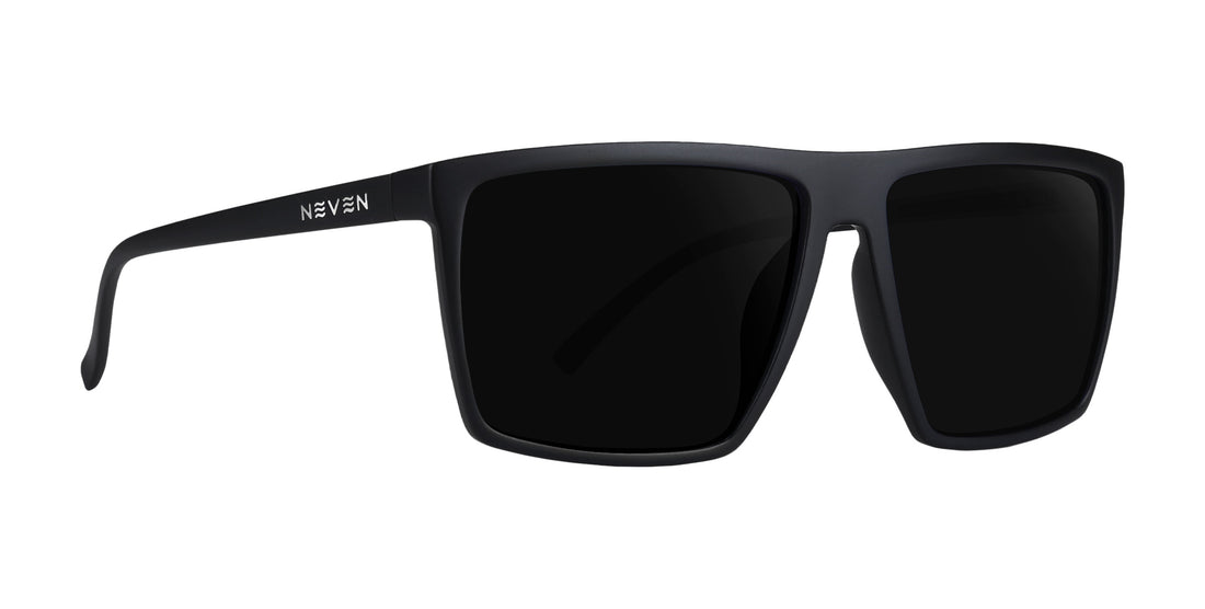Three Of Cups Black Rectangular prescription glasses with dark lenses.