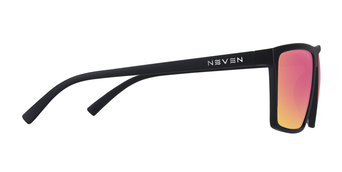 Side view of Three Of Cups prescription sunglasses with black rectangular frame, Neven temple logo and pink orange mirrored lenses