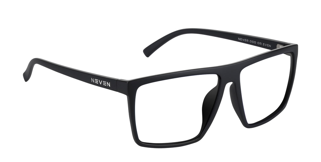 Angled view of Three Of Cups prescription frames: black rectangular frame, clear Rx lenses, Neven logo on temple