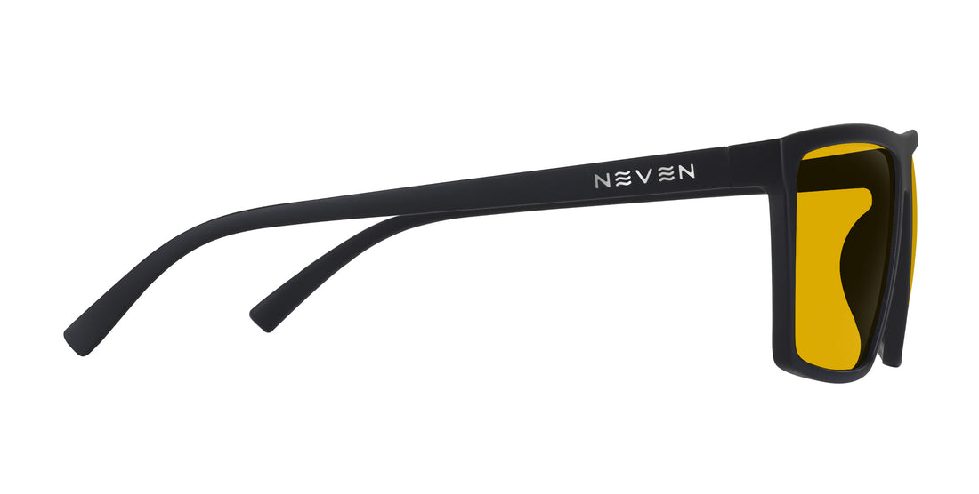 Side view of Three Of Cups sunglasses showing black rectangular frame, Neven logo on temple and yellow lenses on white