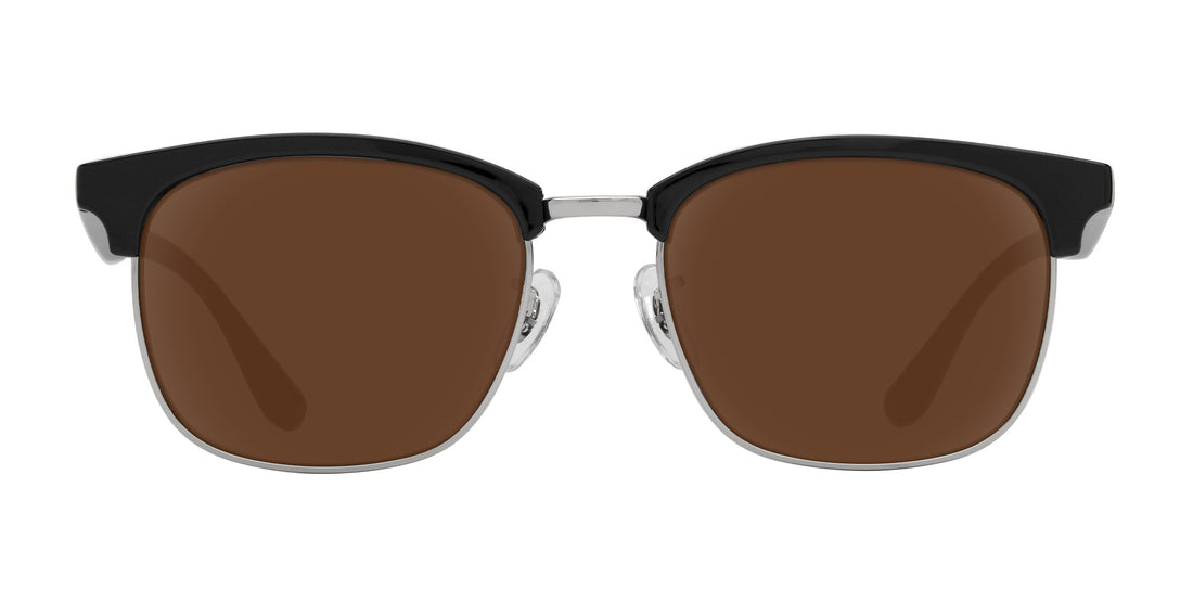Front close-up of Bullet sunglasses showing black browline, silver metal bridge and rims, and brown lenses on white background