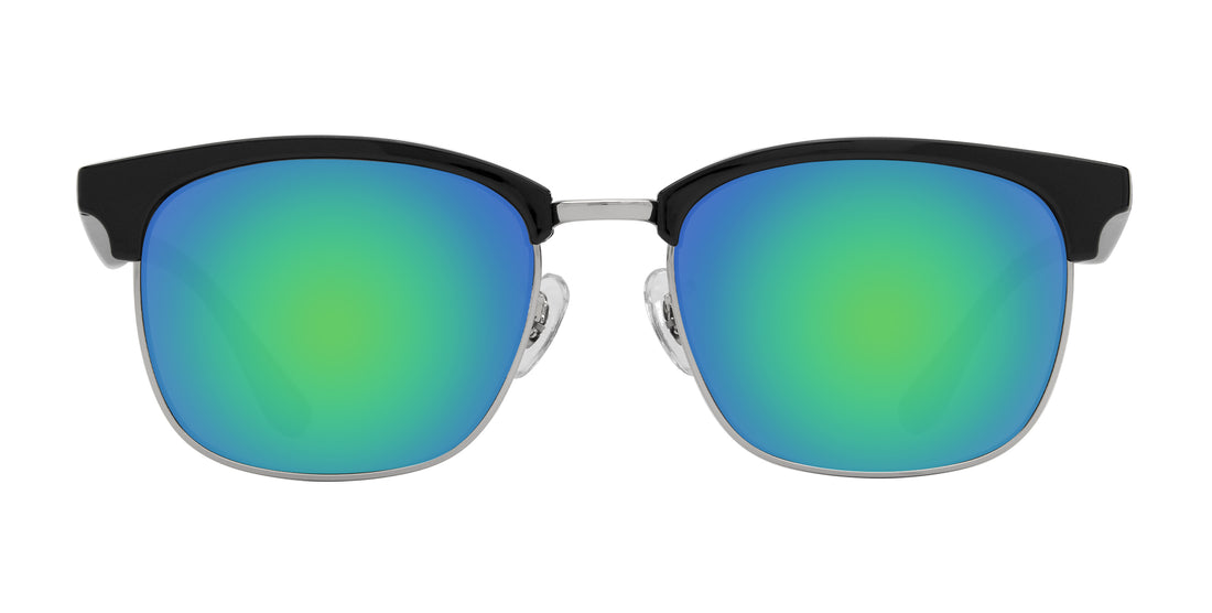 Front view of Bullet prescription sunglasses showcasing black browline and green-blue mirrored lenses on white background