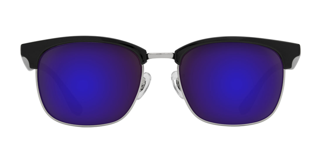 Close-up front view of Bullet Rx sunglasses showcasing black browline and silver metal frame with mirrored purple-blue lenses on white background