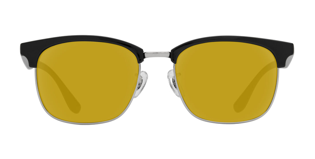 Front view of Bullet prescription sunglasses with yellow lenses, black browline and silver bridge on white background