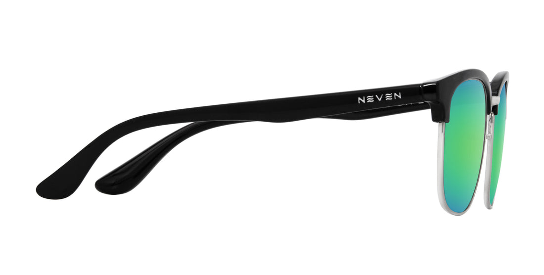 Side close-up of Bullet prescription sunglasses showcasing black temple with NEVEN logo and green mirrored lenses on white