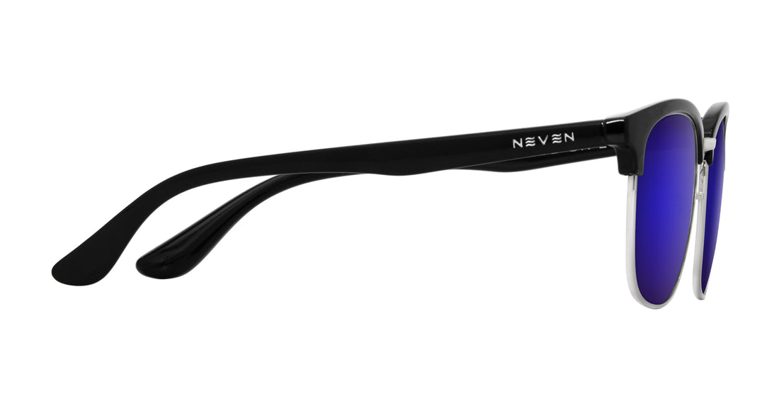 Side view of Bullet Rx sunglasses showcasing black TR90 temples with NEVEN logo and purple mirrored lenses on white background