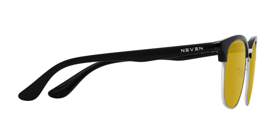 Side view of Bullet prescription sunglasses showing black TR90 temple with NEVEN logo and yellow lenses on white background