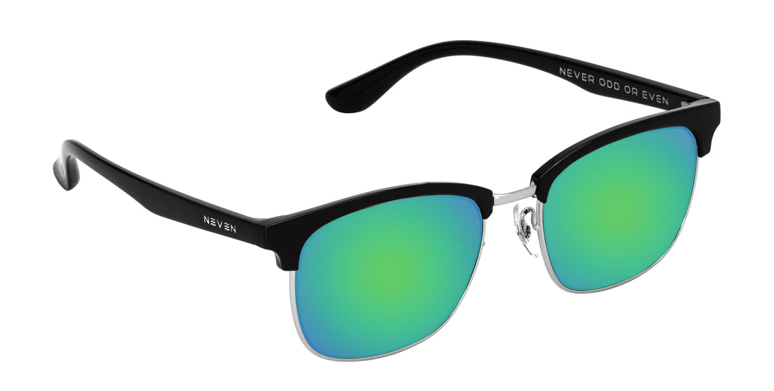 Angled view of Bullet prescription sunglasses with green vibrant mirrored lenses and black browline TR90 frame on white background