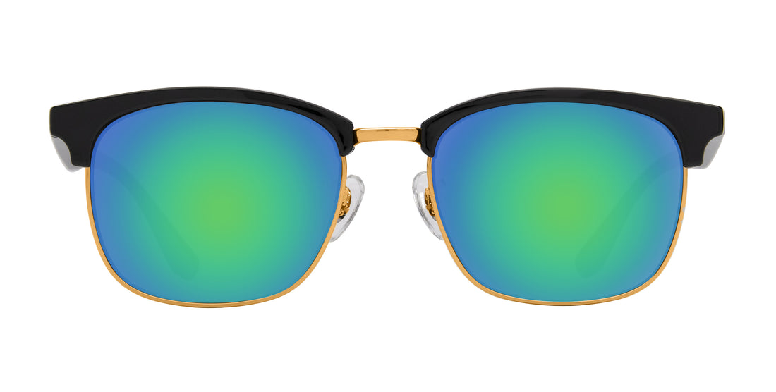 Front view of Gold Rush Rx sunglasses with black browline gold rims and green-blue mirrored lenses on white background