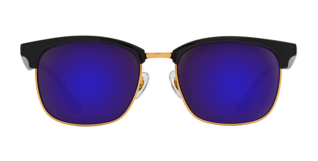 Front close-up of Gold Rush Rx sunglasses with purple mirrored lenses, gold rims, black brow bar on white background
