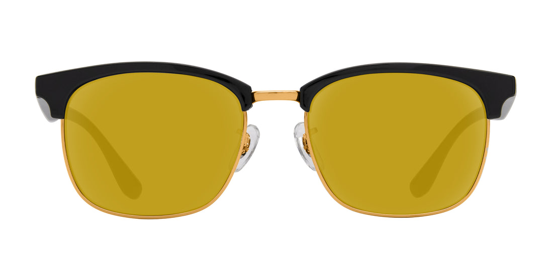 Front close-up of Gold Rush Rx sunglasses showing black browline, gold metal rims and yellow lenses on white background