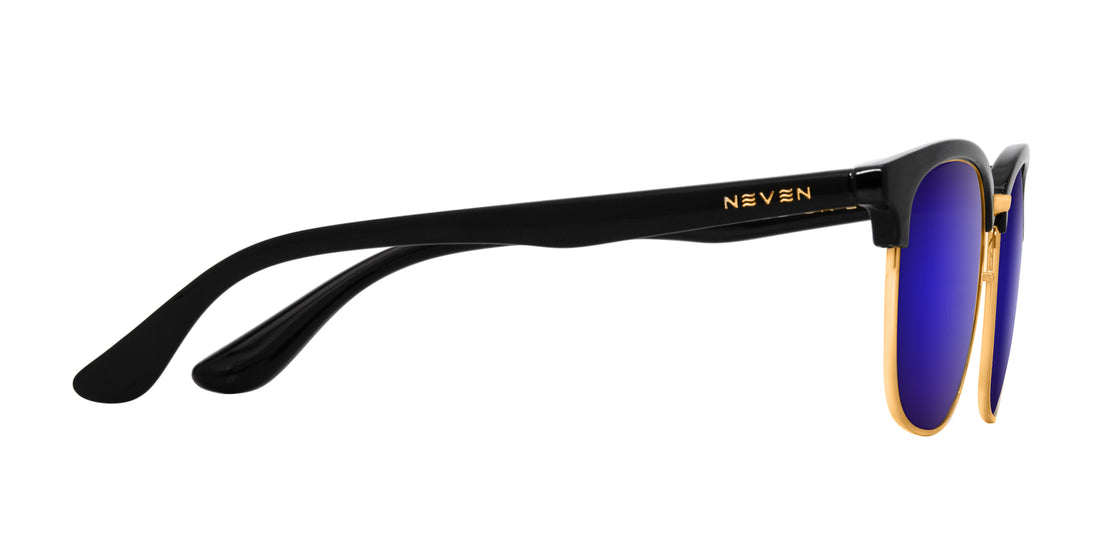 Side close-up of Gold Rush prescription sunglasses showcasing black TR90 temples with gold NEVEN logo and purple mirrored lenses on white background