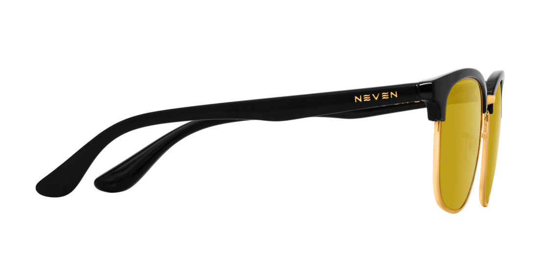 Side view of Gold Rush sunglasses showing black TR90 temples with gold Neven logo and yellow prescription lenses on white