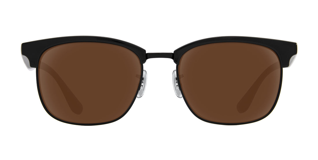 Front close-up of Stealth sunglasses showcasing black browline frame with brown prescription lenses on white background