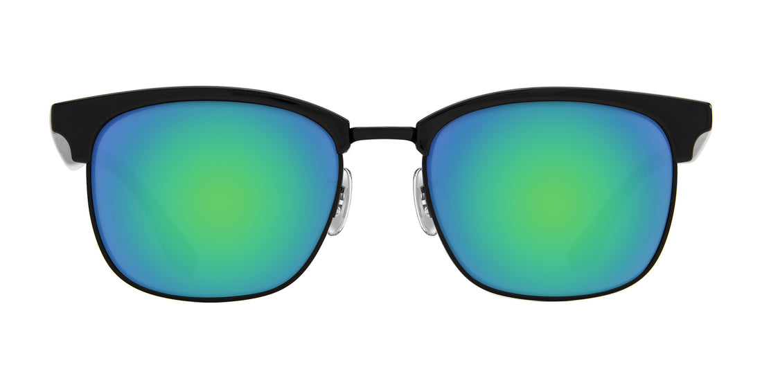Front view of Stealth RX sunglasses with black aviator frame and green-blue mirrored lenses on white background
