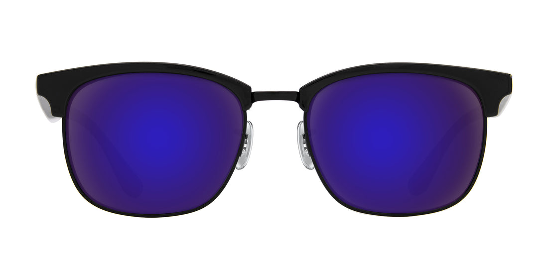 Front close-up of Stealth prescription sunglasses with black TR90 frame and mirrored purple lenses on white background