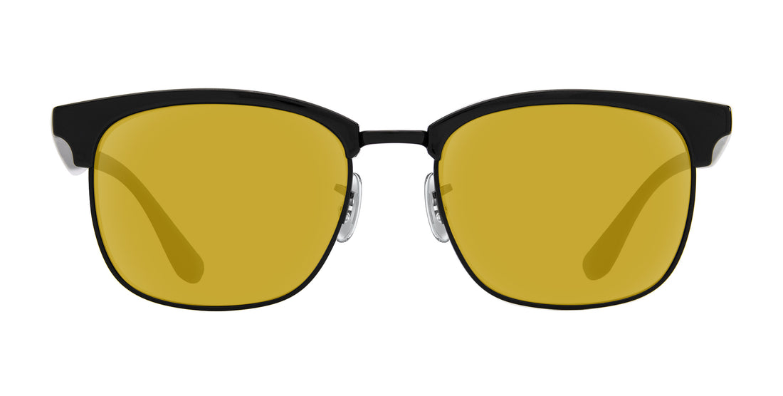Front close-up of Stealth prescription sunglasses showing black TR90 browline frame and yellow lenses on white background