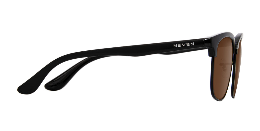 Side view of Stealth prescription sunglasses showing black TR90 temple with Neven logo and brown lenses on white background
