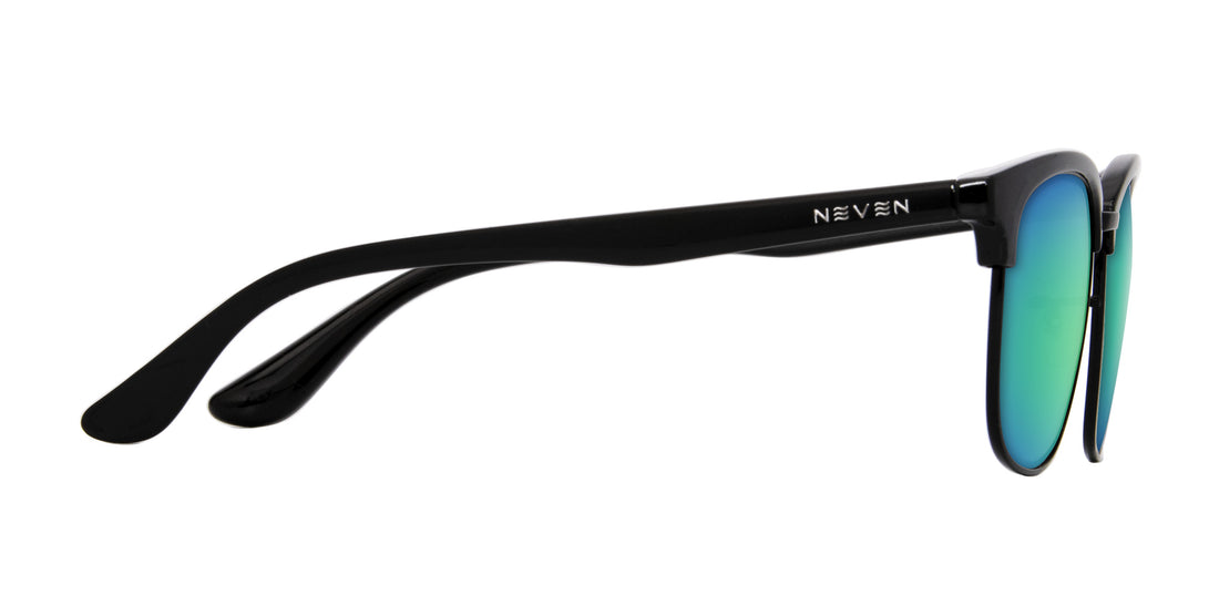 Side view of Stealth sunglasses showing black TR90 temple with Neven logo and green mirrored lenses on white background