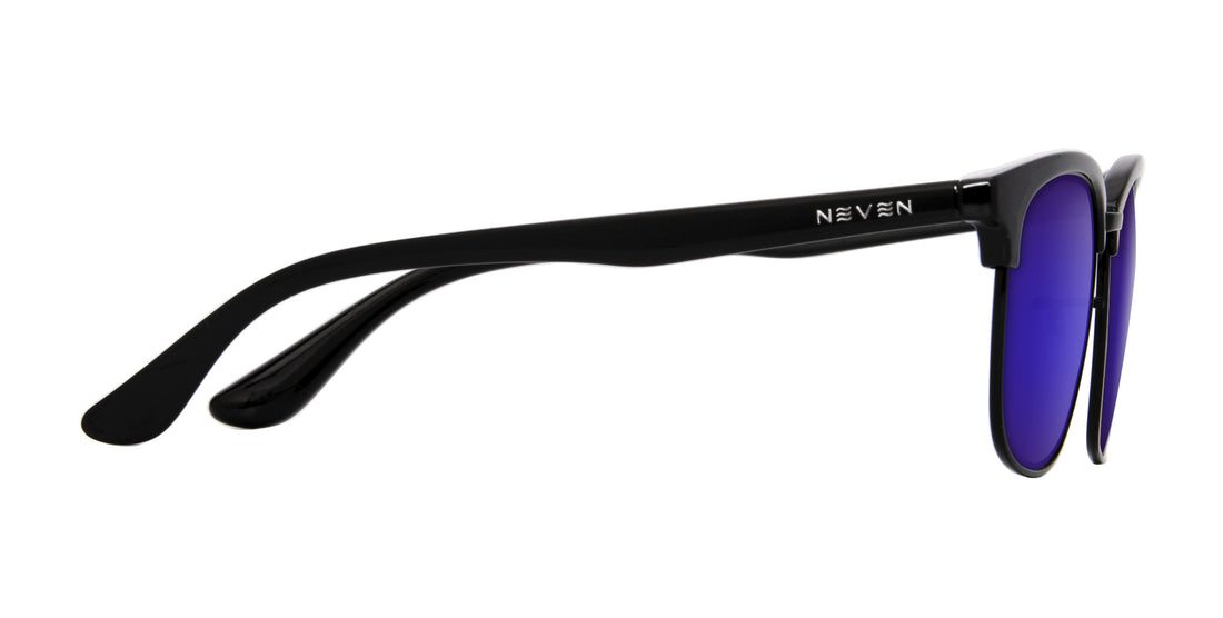 Side view of Stealth prescription sunglasses with glossy black TR90 temples, Neven logo, and purple mirrored lenses
