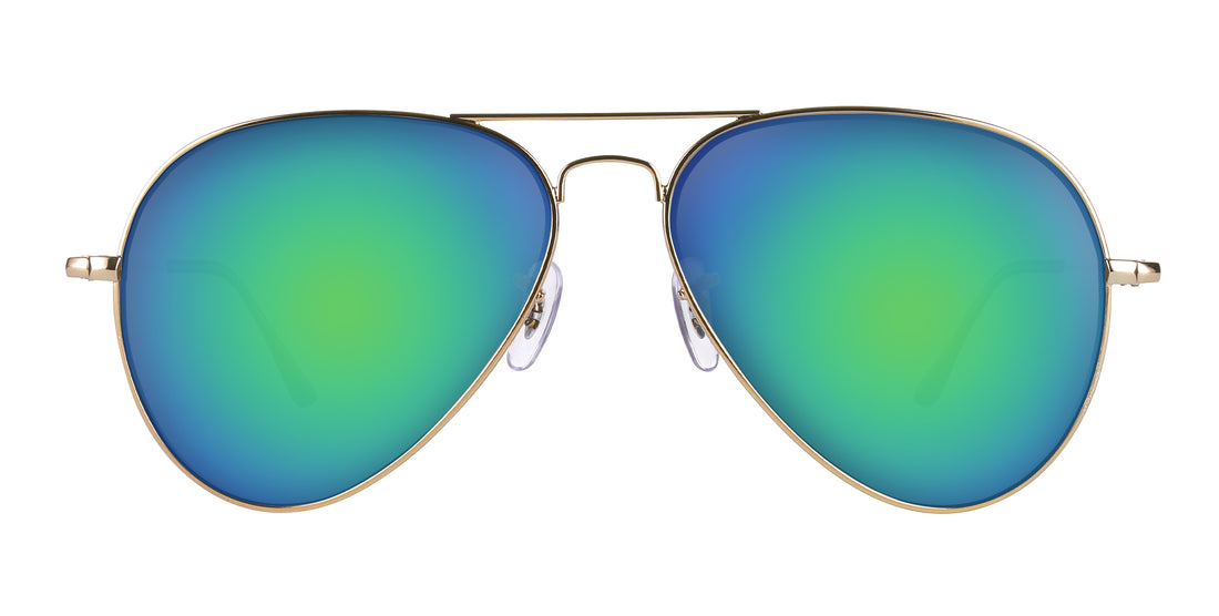 Front close-up of Goose aviator sunglasses showcasing gold metal frame and blue-green mirrored lenses on white background