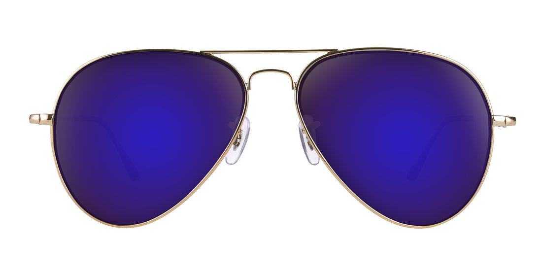 Close-up front view of Goose aviator sunglasses showcasing gold metal frame and blue-purple mirrored lenses on white background