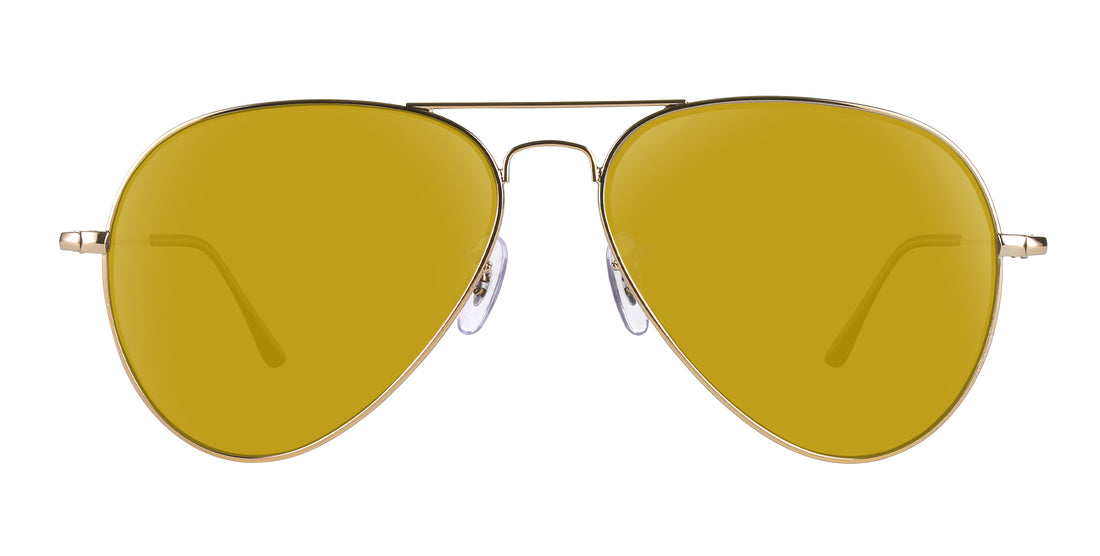 Front view of Goose aviator sunglasses showcasing yellow prescription lenses and gold metal frame on white background