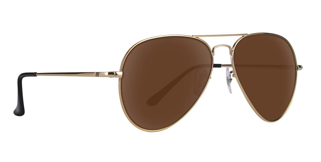 Three-quarter view of Goose aviator sunglasses showcasing gold metal frame and brown lenses on white background