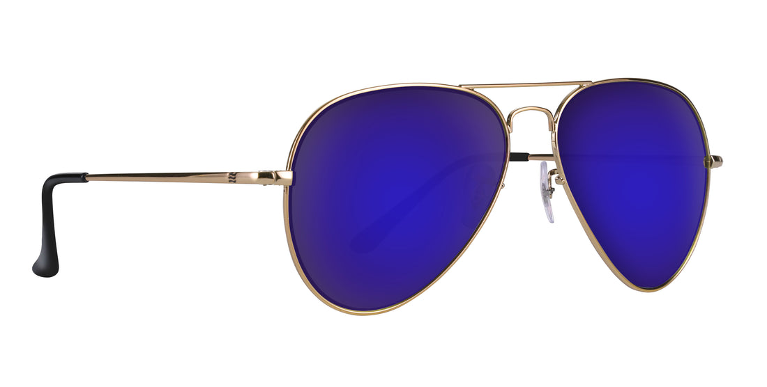 Close-up of Goose aviator sunglasses showcasing gold metal frame and purple mirrored lenses on white background