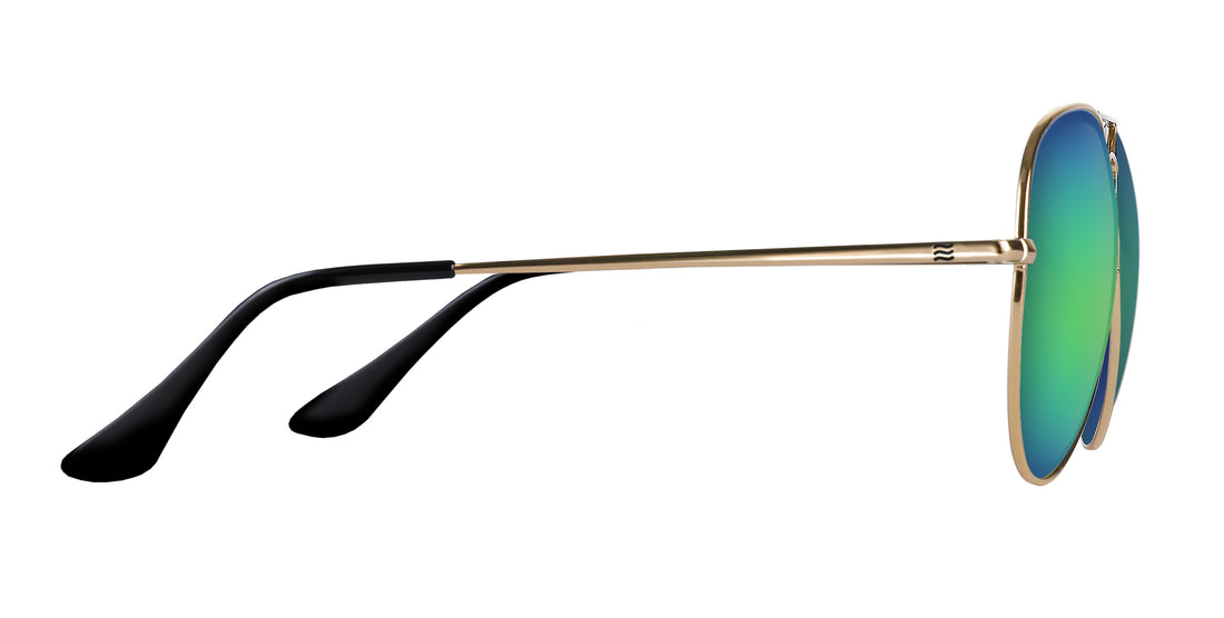 Side view of Goose sunglasses showing gold metal frame, black tips, and green-blue Rx lenses on white background