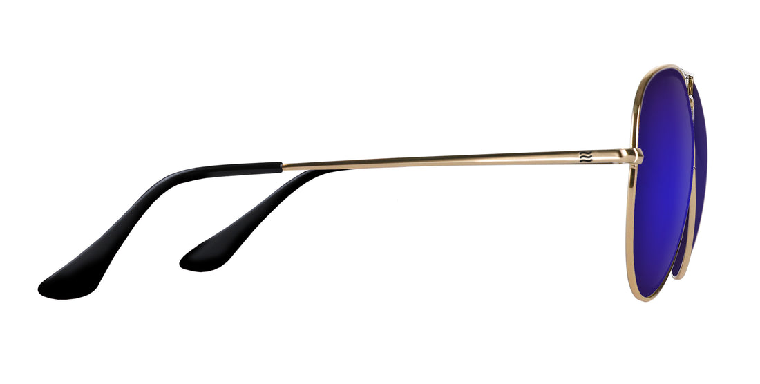 Side view of Goose aviator sunglasses showcasing gold metal frame and purple mirrored lenses on white background